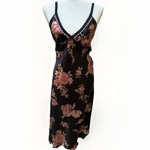 Vtg Moody Floral Whimsigoth Satin Babydoll Midi Slip Dress Black Pink Medium